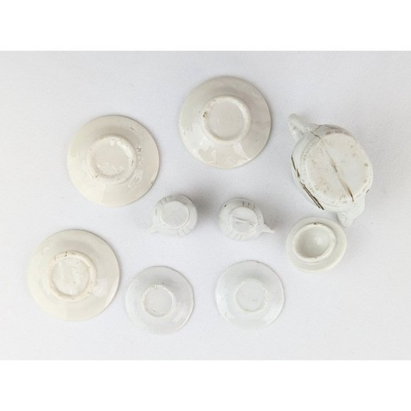 Antique White Porcelain Miniature Tea Set 9pc Dollhouse Tea Set Gold Trim 1900s - Picture 8 of 8
